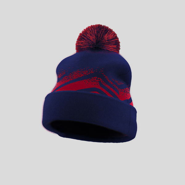 Navy blue shop and red hat